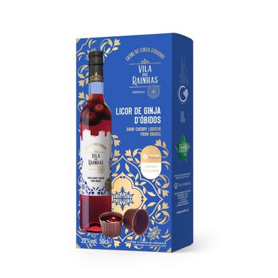 Pack Licor Ginja d'Obidos 50cl com fruto + 12 copos de chocolate